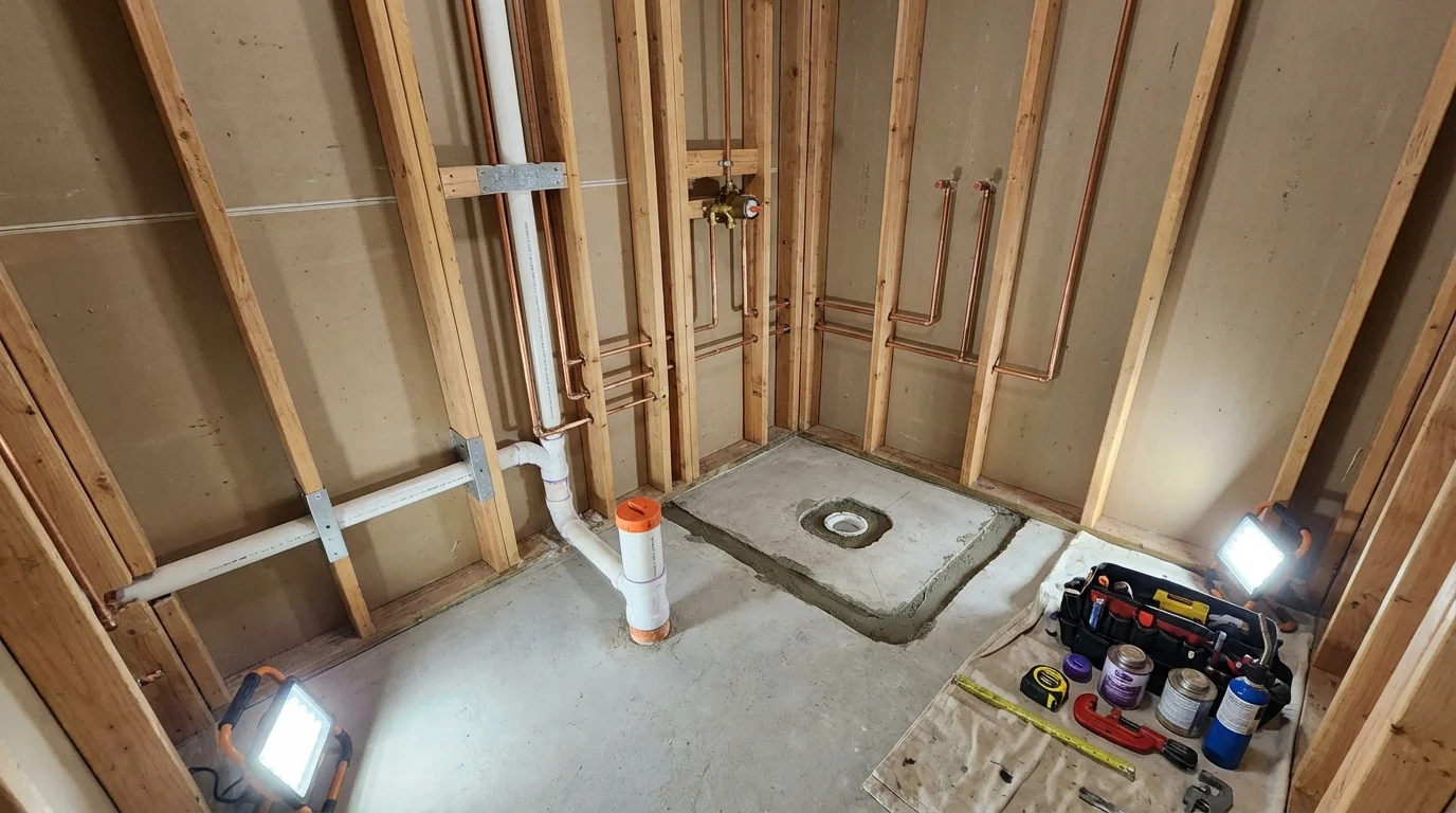 Bathroom rough-in plumbing during remodel by Johns Plumbing LLC in Glen Burnie