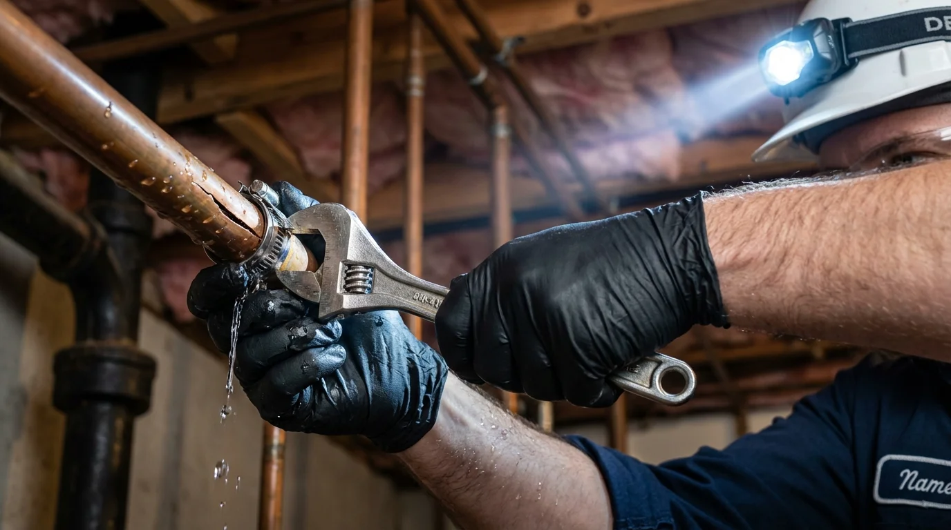 Emergency pipe clamp repair being performed by a Johns Plumbing LLC plumber in Glen Burnie