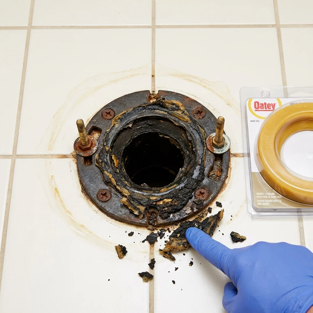 Failed wax ring showing water seepage at the base of a toilet in a Glen Burnie, MD home