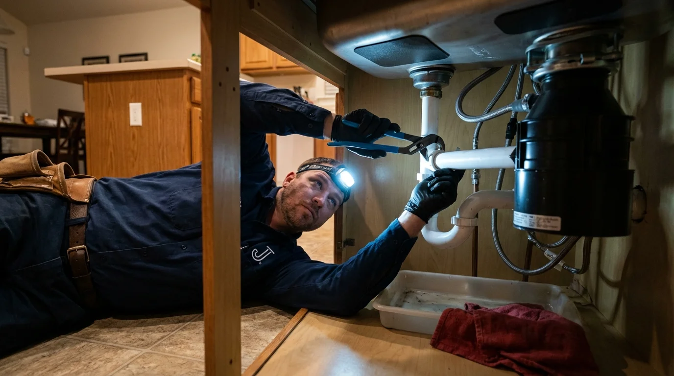 P-trap and supply line connections under a kitchen sink showing a common leak point in Glen Burnie, MD